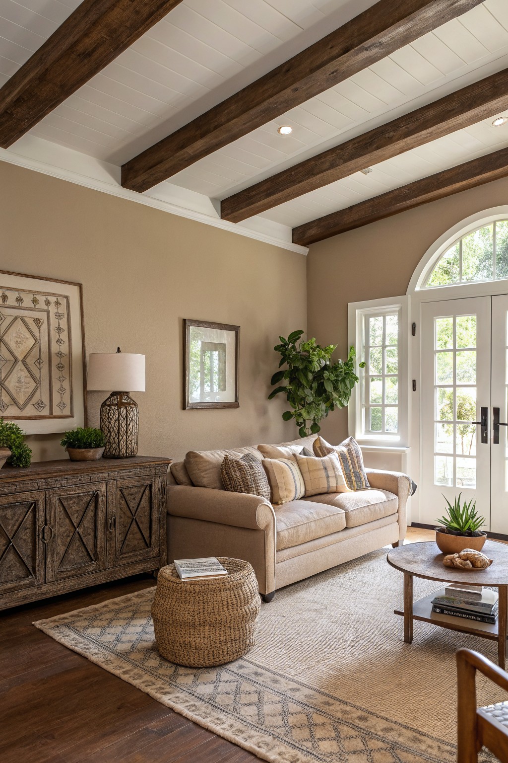 Cozy rustic living room featuring warm beige walls, exposed wooden ceiling beams, beige sofa, wooden credenza, and large potted plants near arched windows
