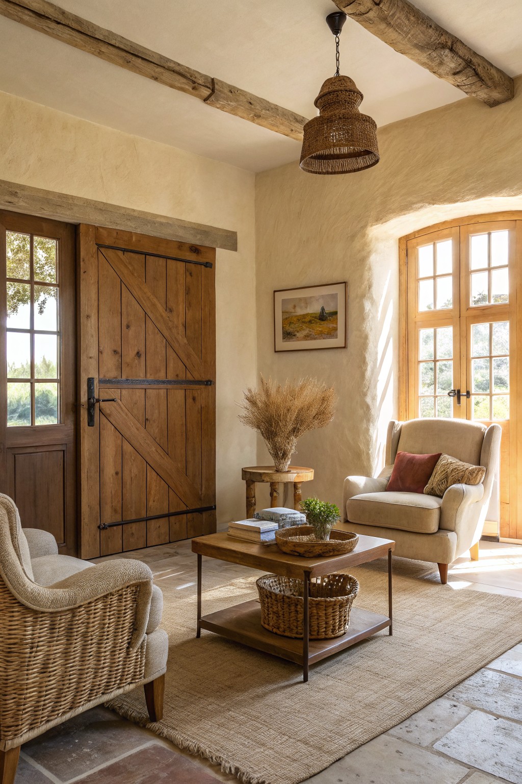 Soft warm cream walls highlighting rustic wood beams and doors in a cozy farmhouse nook