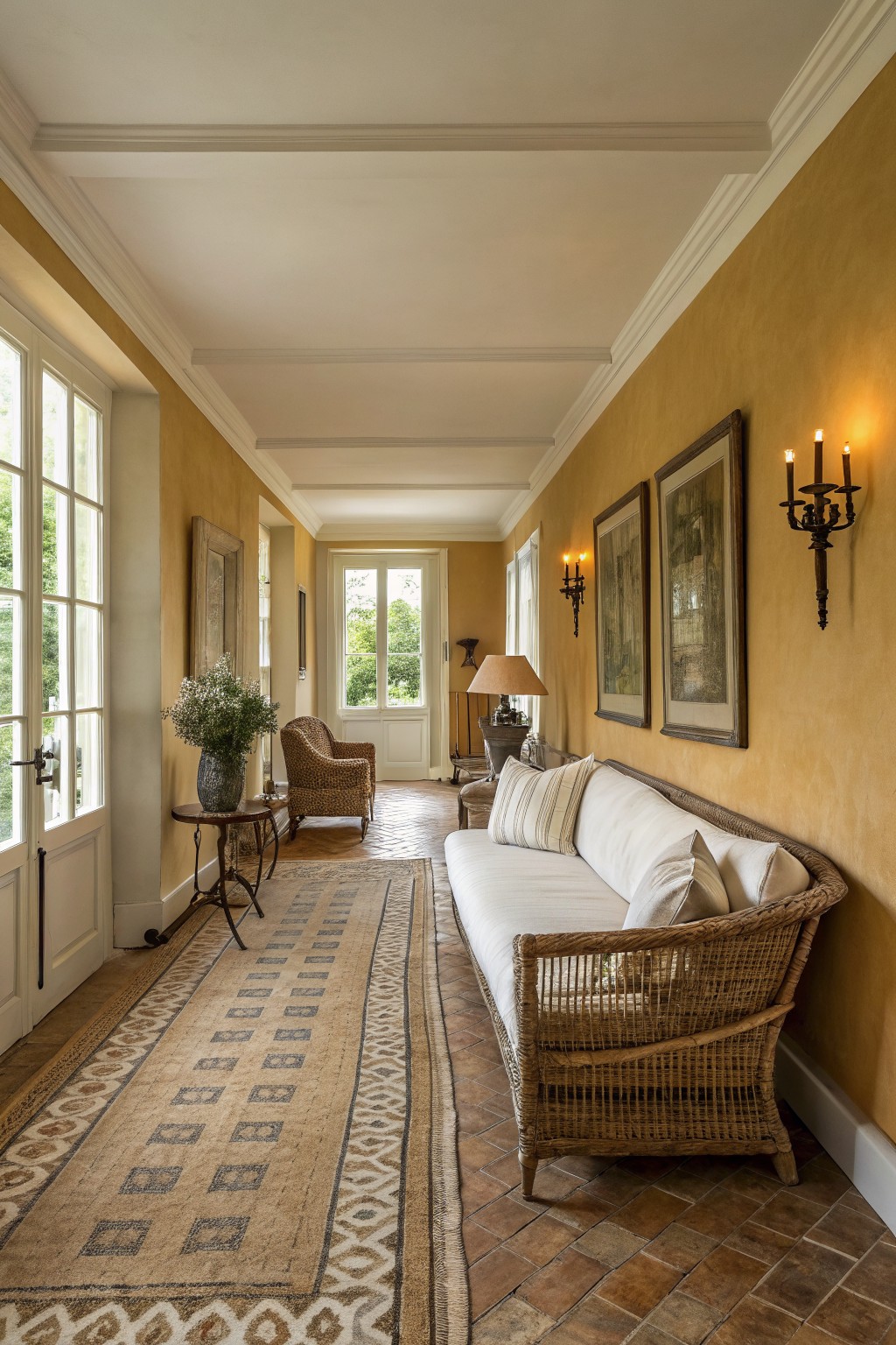 Elegant hallway with warm ochre plaster walls, rattan sofa, gilded paintings, and French doors to garden views