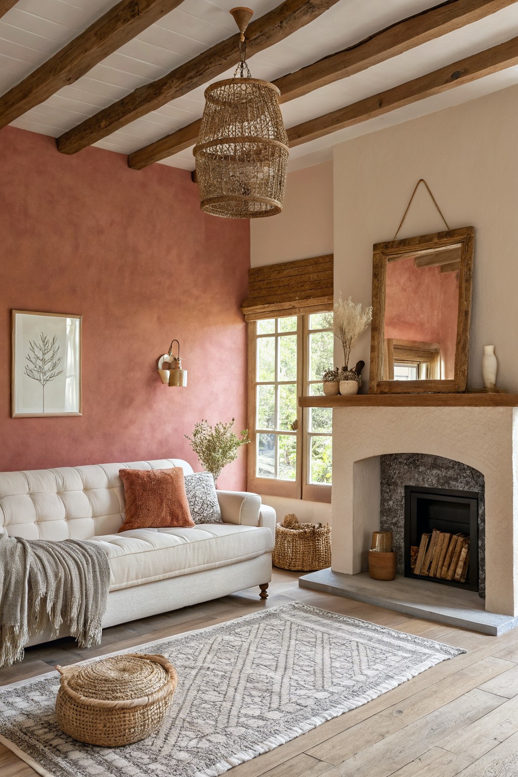 Rustic living room featuring warm terracotta accent wall, white sofa with orange pillows, woven baskets, and fireplace with firewood