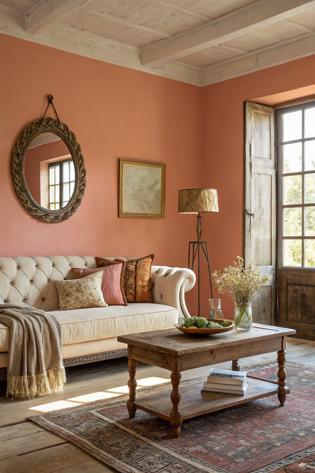 Cozy living room with warm terracotta walls, cream tufted sofa, wooden coffee table, antique mirror, and Persian rug in soft sunlight