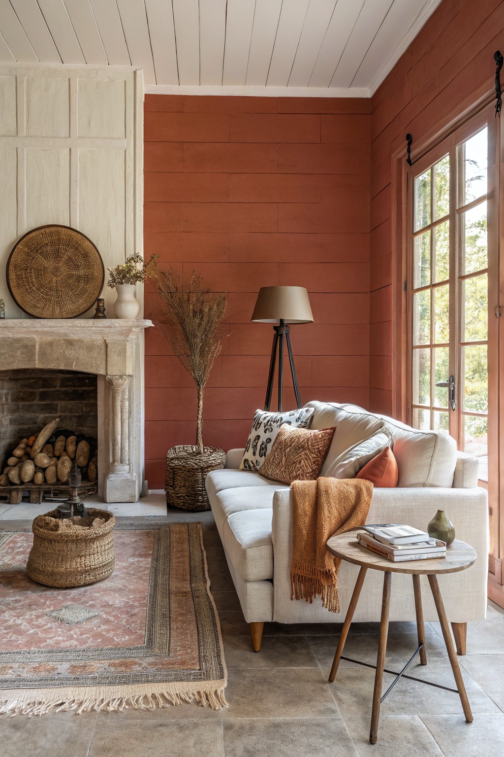 Rustic living room featuring warm terracotta plank walls that create a cozy farmhouse feel, paired with a stone fireplace and neutral furnishings