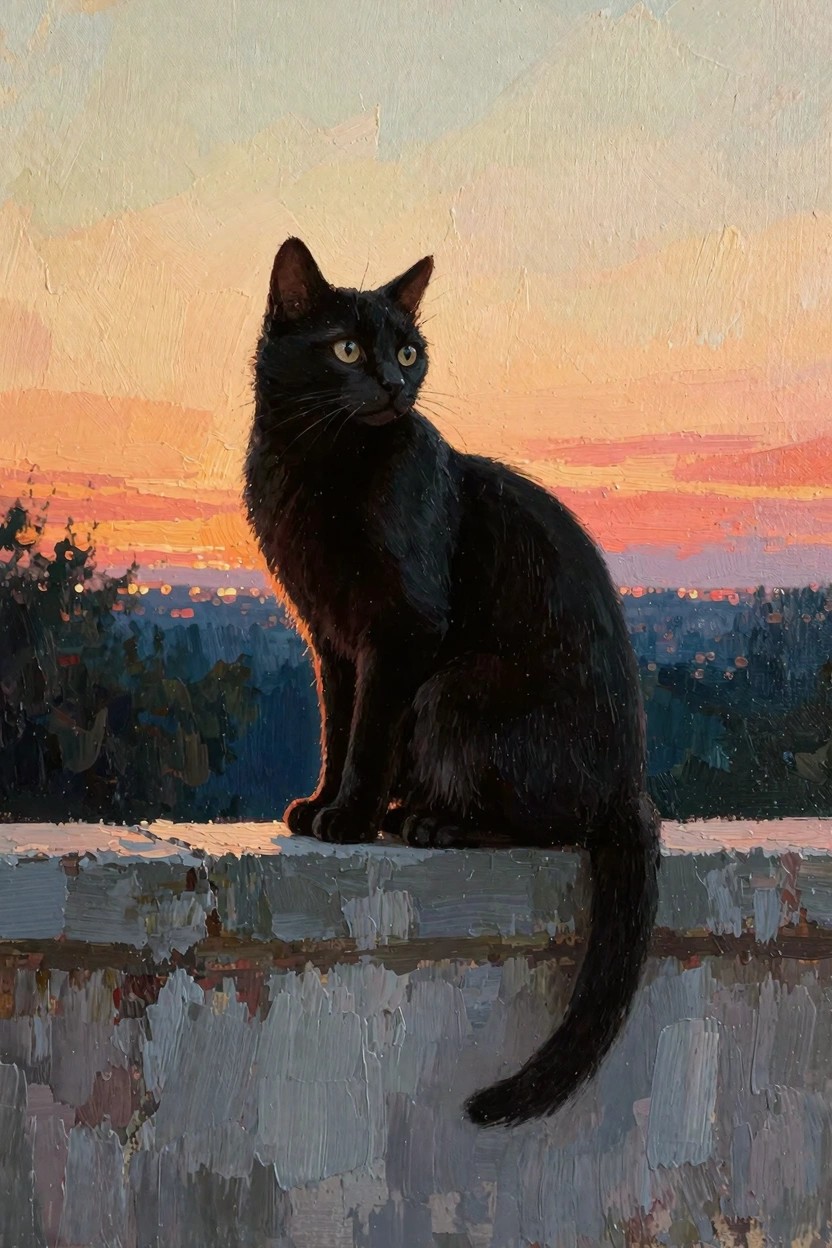Oil painting of a black cat sitting on a weathered gray wall overlooking a sunset landscape with orange sky, green trees, and distant lights.