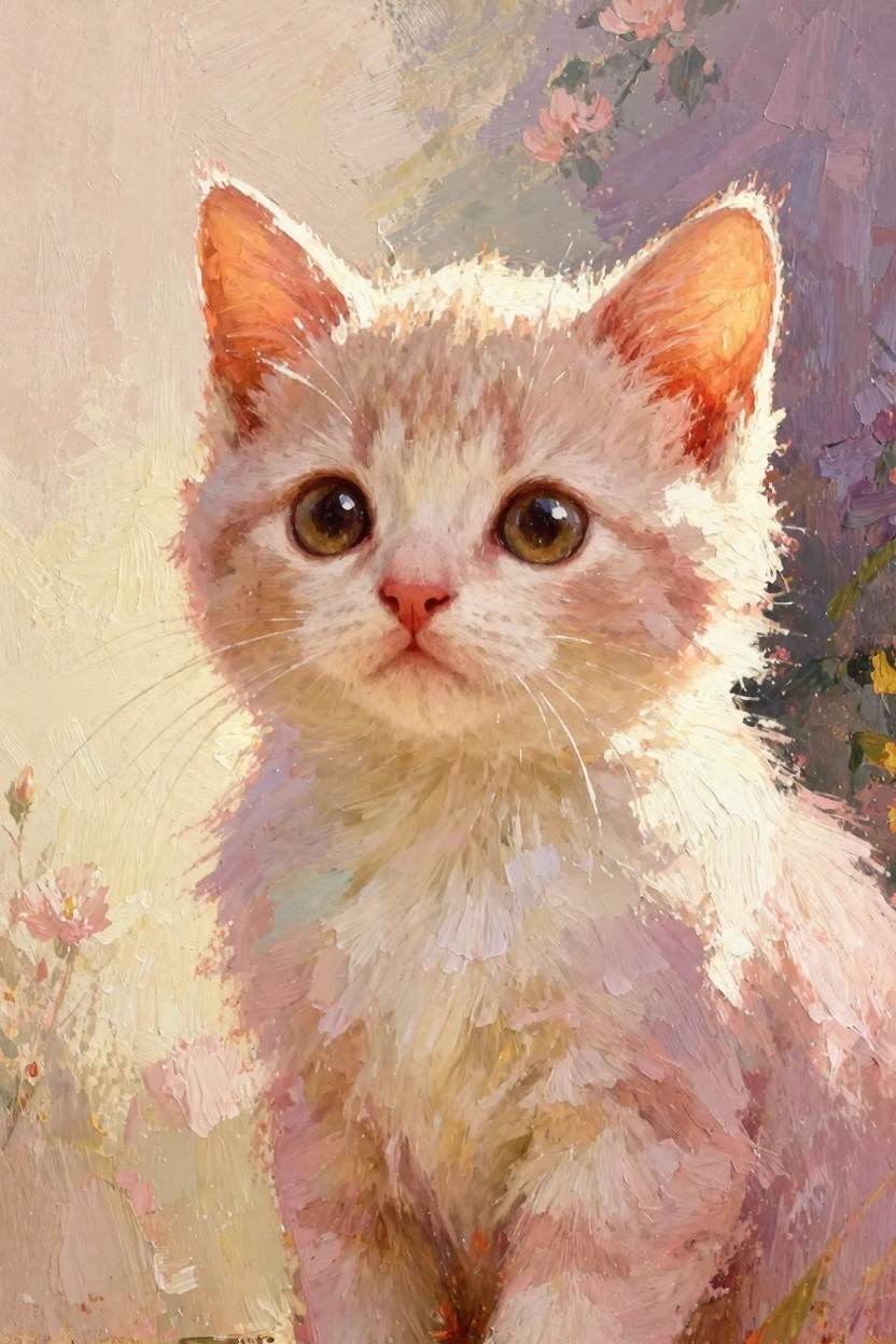 Oil painting of a fluffy cream kitten with green eyes and pink nose sitting in front of blurred pink flowers and green foliage.