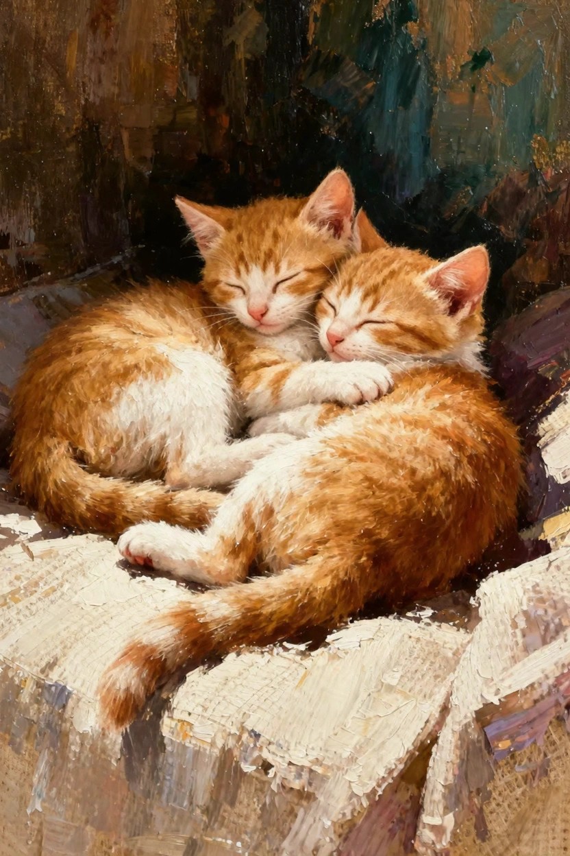 Oil painting of two orange tabby kittens sleeping curled up hugging on white fabric with dark textured background.