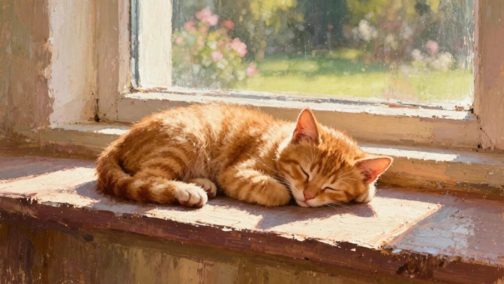 21 Adorable Cat Oil Painting Ideas With Heartwarming Appeal Oil painting of a ginger tabby kitten sleeping curled up on a wooden windowsill with sunlight streaming in through an old window and garden visible outside.
