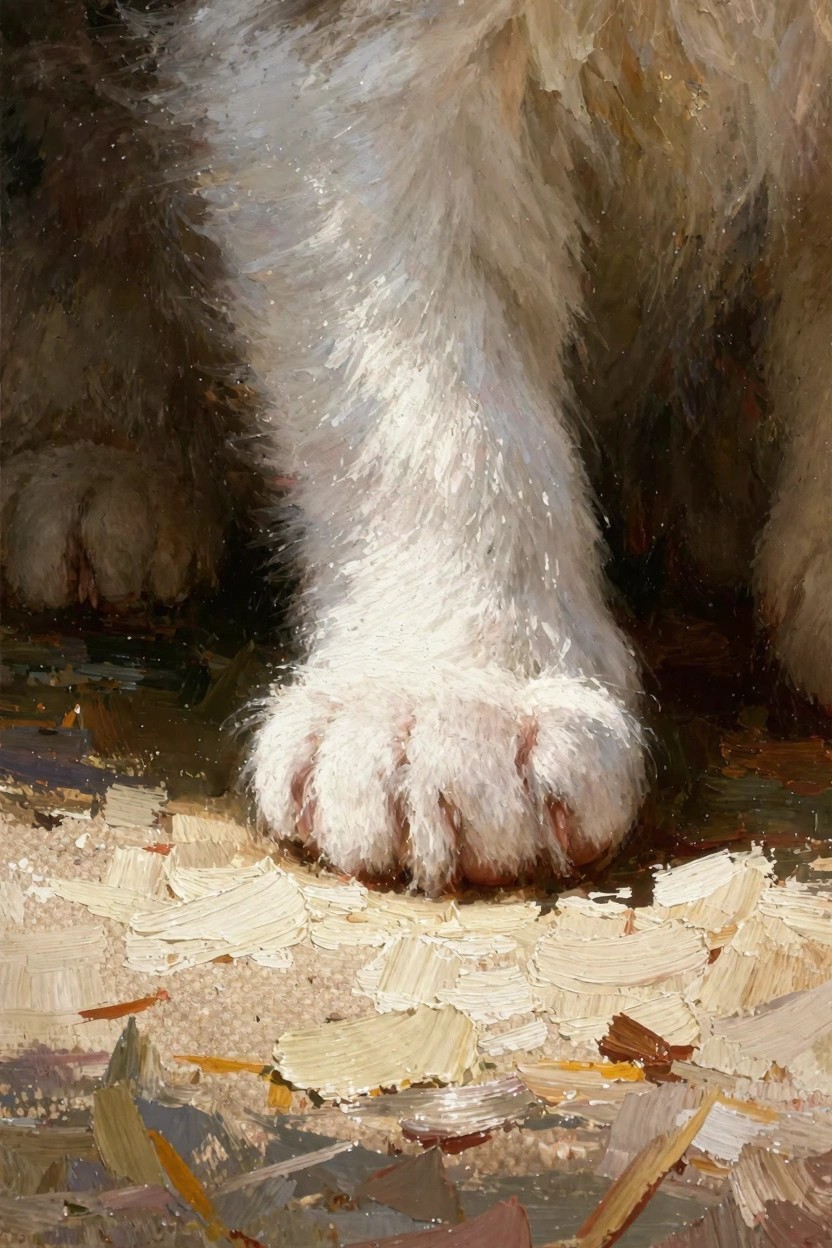 Oil painting close-up of a fluffy white cat paw with pink pads on textured brown and yellow leafy ground.