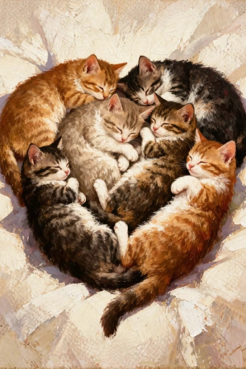 Oil painting of six multicolored kittens sleeping curled up together in a heart shape on pale fabric.