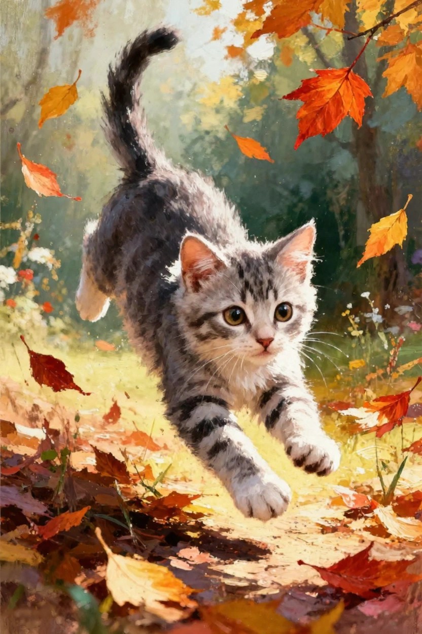 Oil painting of a gray tabby kitten leaping forward amid orange and red autumn leaves on a forest floor.