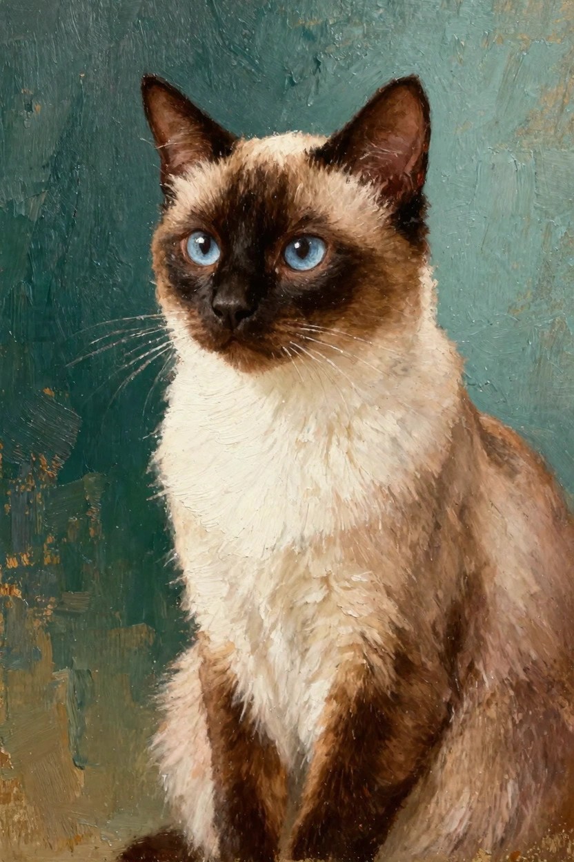 Oil painting of a fluffy Siamese cat with blue eyes and dark points, sitting against a textured teal background.