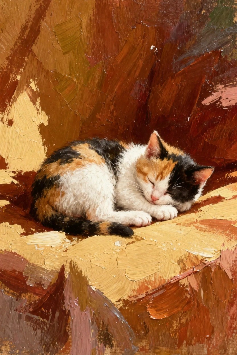 Oil painting of a fluffy calico kitten sleeping curled up on a textured orange-yellow cushion amid warm brown and gold brushstrokes.