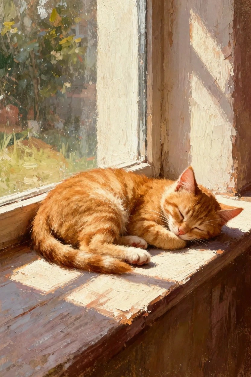 Oil painting of a ginger tabby kitten sleeping curled up on a wooden windowsill with sunlight streaming in through an old window and garden visible outside.