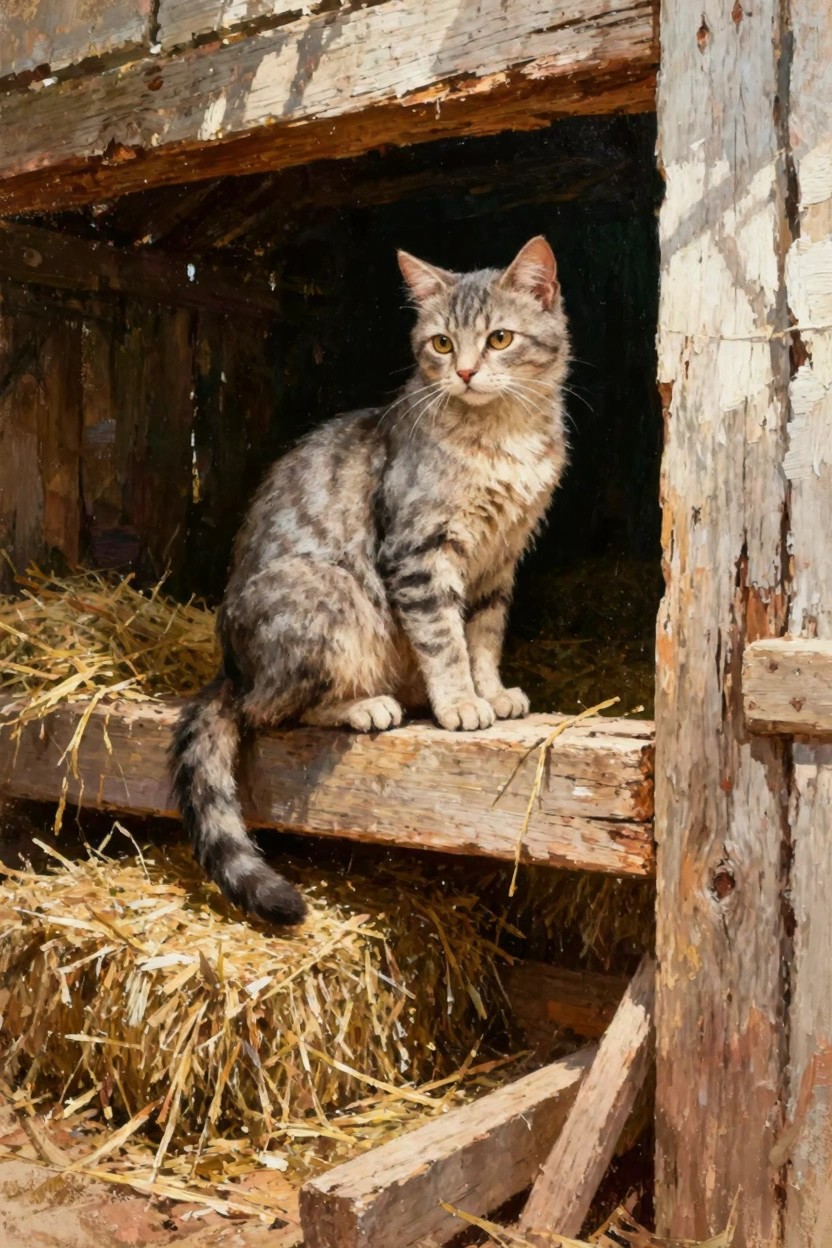Oil painting of a gray tabby kitten sitting on a wooden beam amid hay bales in a weathered, sunlit barn.
