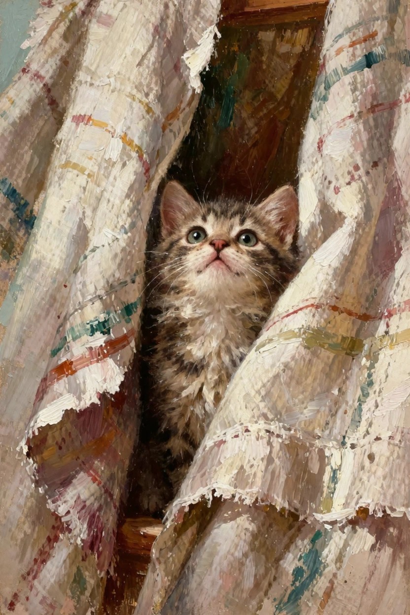Oil painting of a fluffy tabby kitten with green eyes peeking out from colorful plaid blanket folds over a wooden ledge.