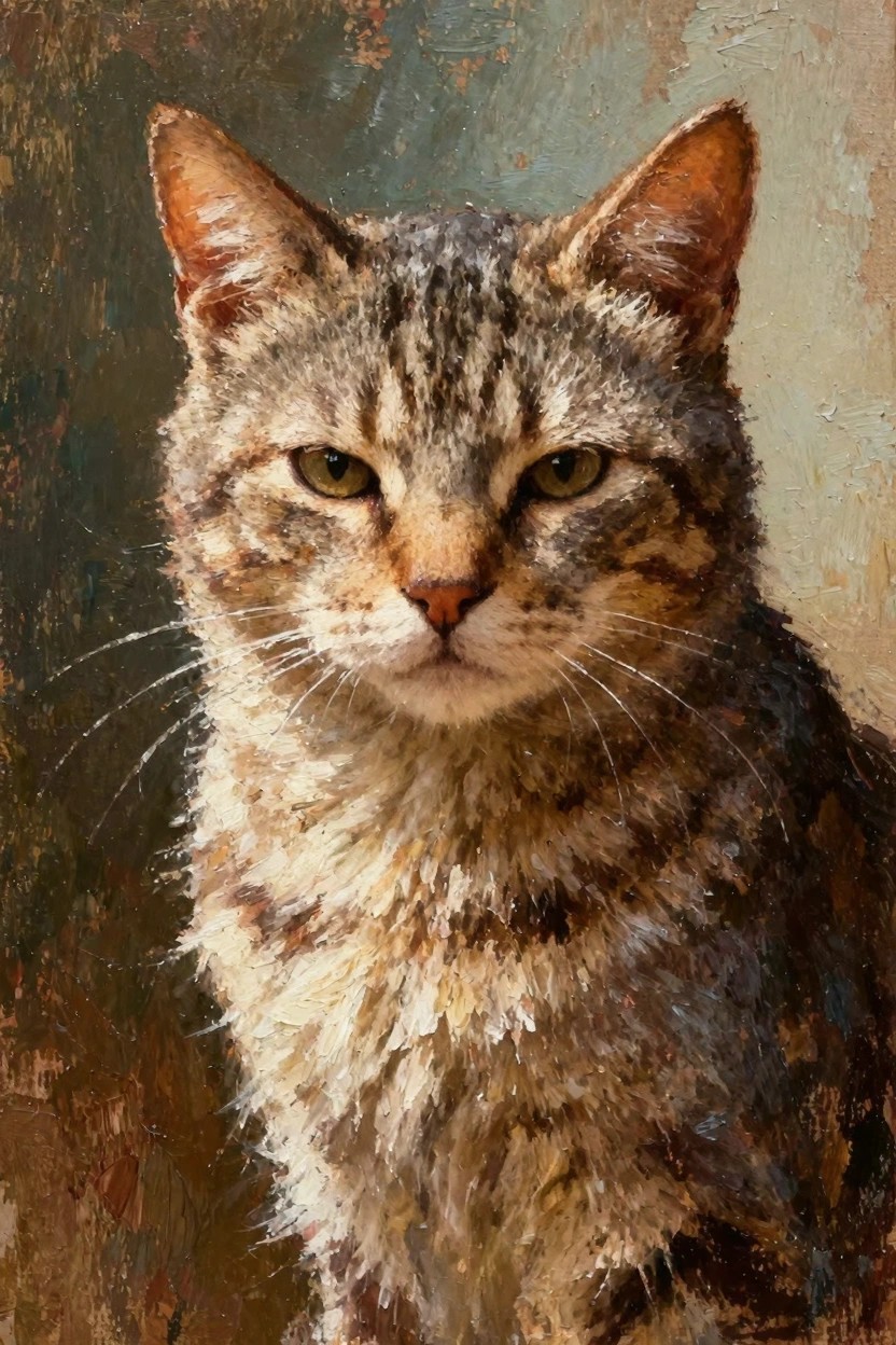 Close-up oil painting of a tabby cat's face with green eyes, orange-tinted ears, striped textured fur, and muted greenish-brown background.