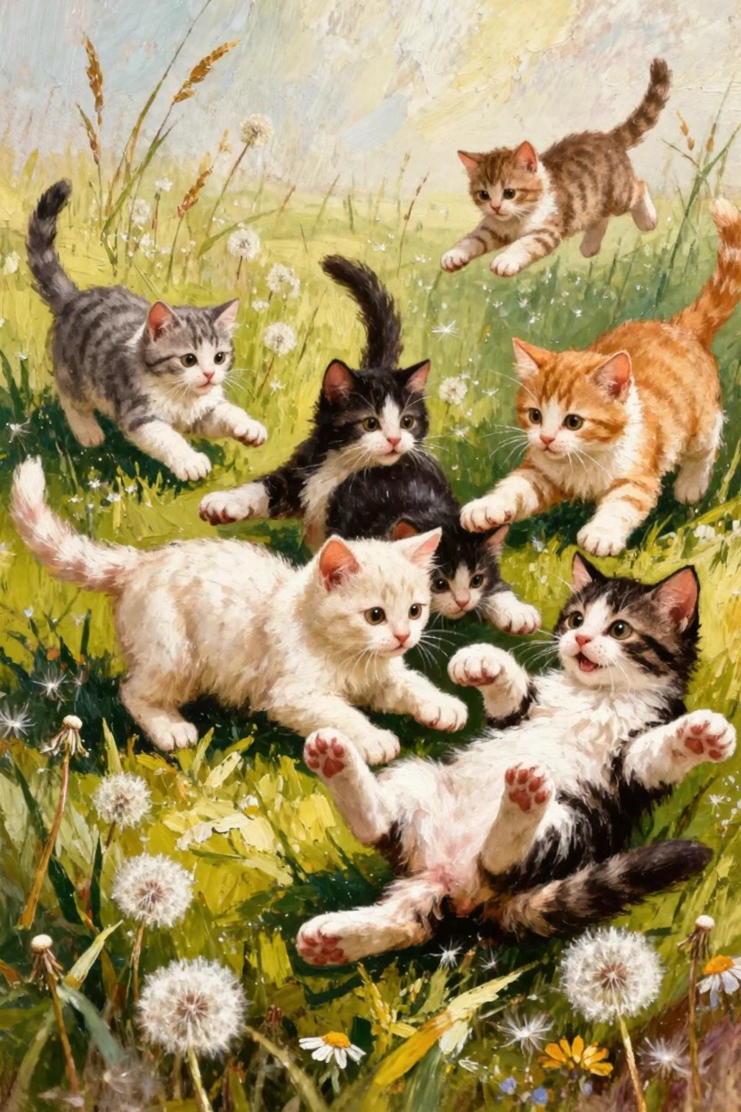 Oil painting of seven colorful kittens playing, leaping, and tumbling in a grassy meadow with dandelions and wildflowers under a sunny sky.