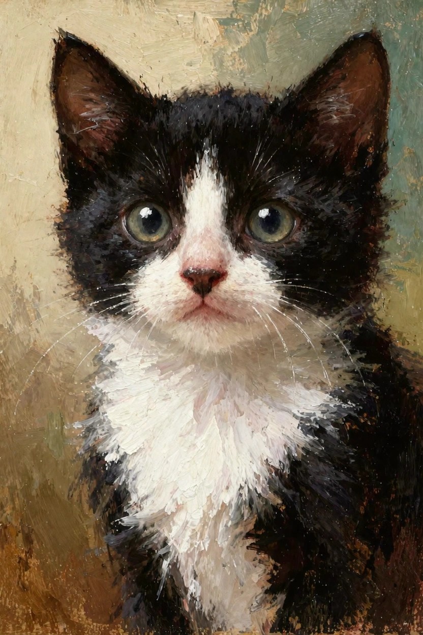 Oil painting style close-up portrait of a black and white tuxedo kitten with green eyes on a textured warm background.