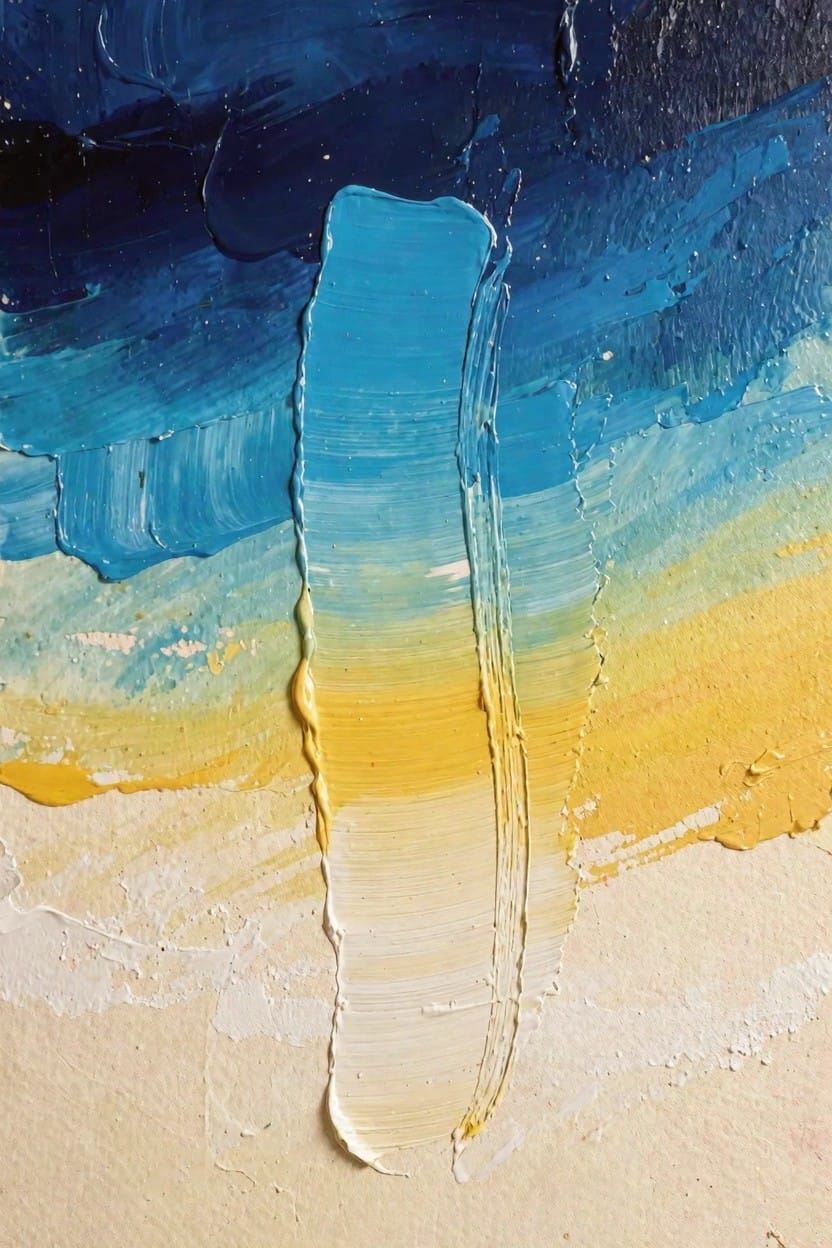 Abstract oil painting of a dark blue-to-yellow gradient background resembling sky to beach, with a thick matching vertical stroke of layered paint in the center.