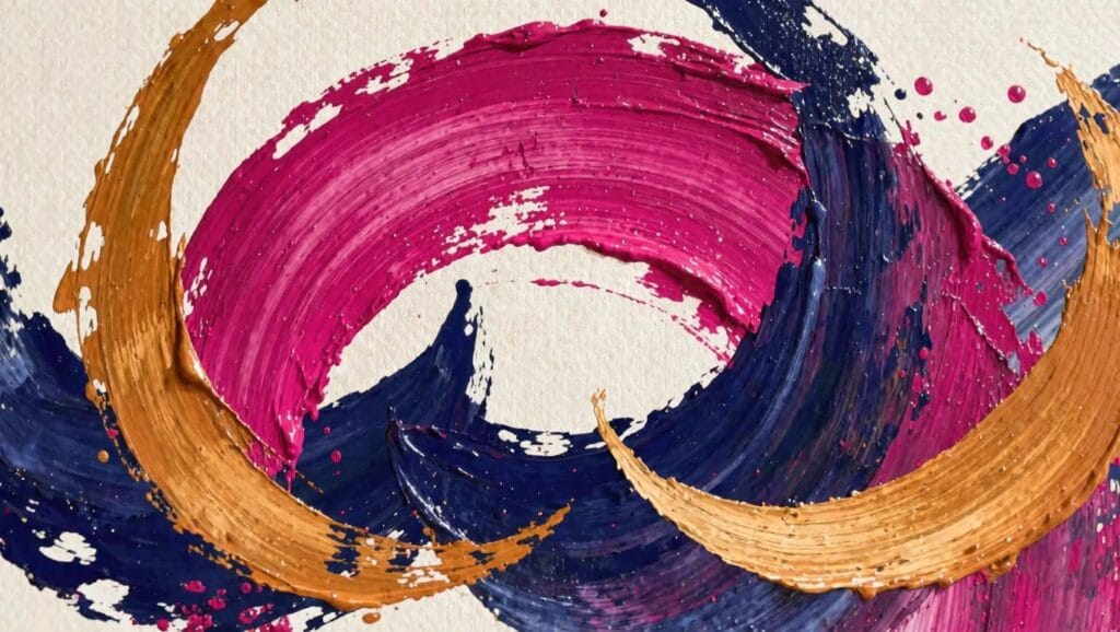 Close-up oil portrait of a pale woman with green eyes, her face and hair merging into thick pink, blue, orange, and red impasto strokes on a dark red background.