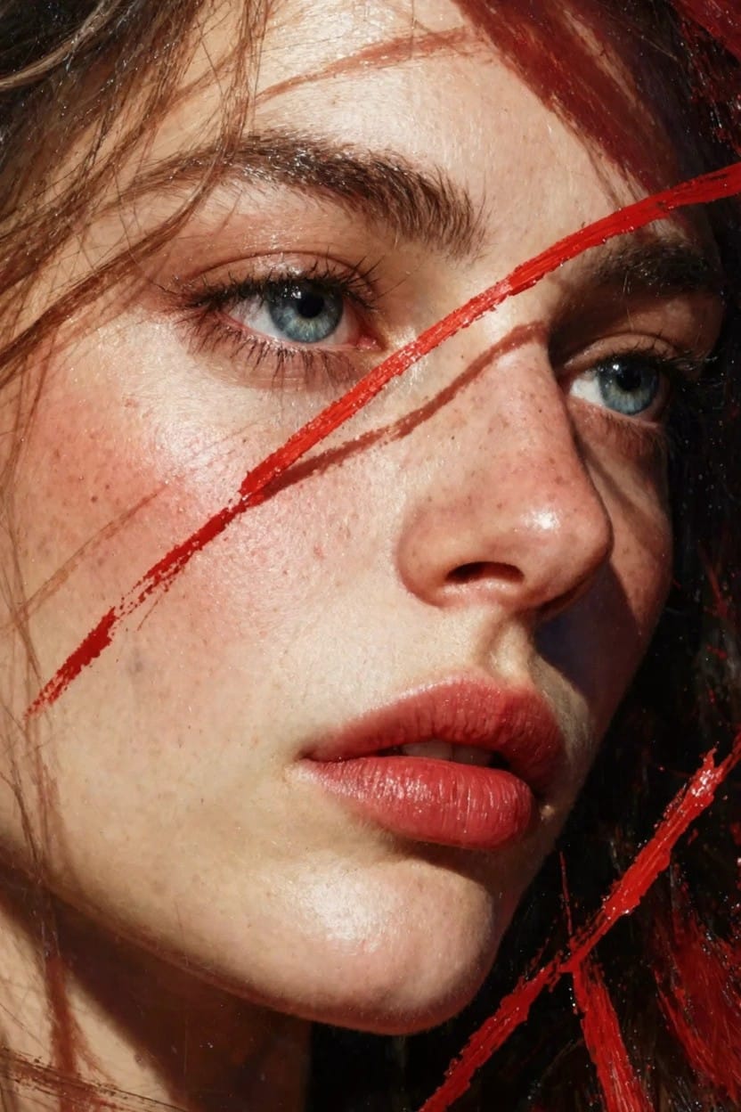 Close-up of a woman's freckled face with blue eyes and red abstract streaks slashing across her features and hair.