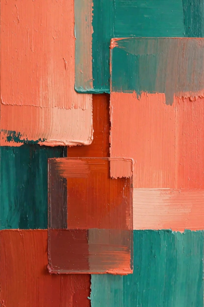 Abstract oil painting featuring overlapping rectangular shapes in shades of orange, pink, red, and teal with thick textured brushwork.