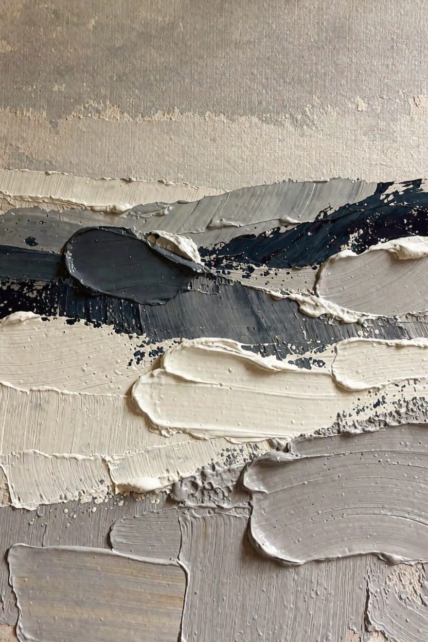 Abstract oil painting of thick, textured grayscale layers resembling waves or hills in impasto style.