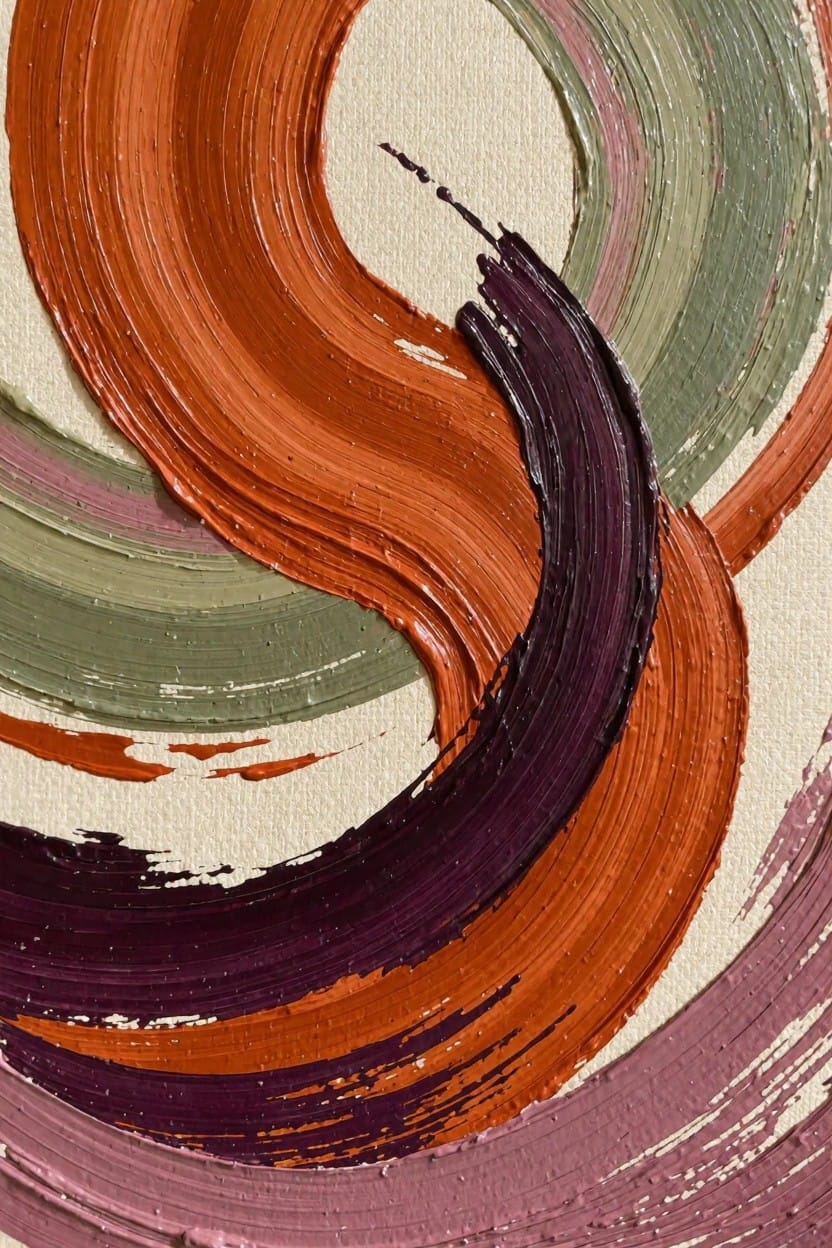 Abstract oil painting featuring thick, swirling loops in orange, purple, green, and pink on a beige canvas.