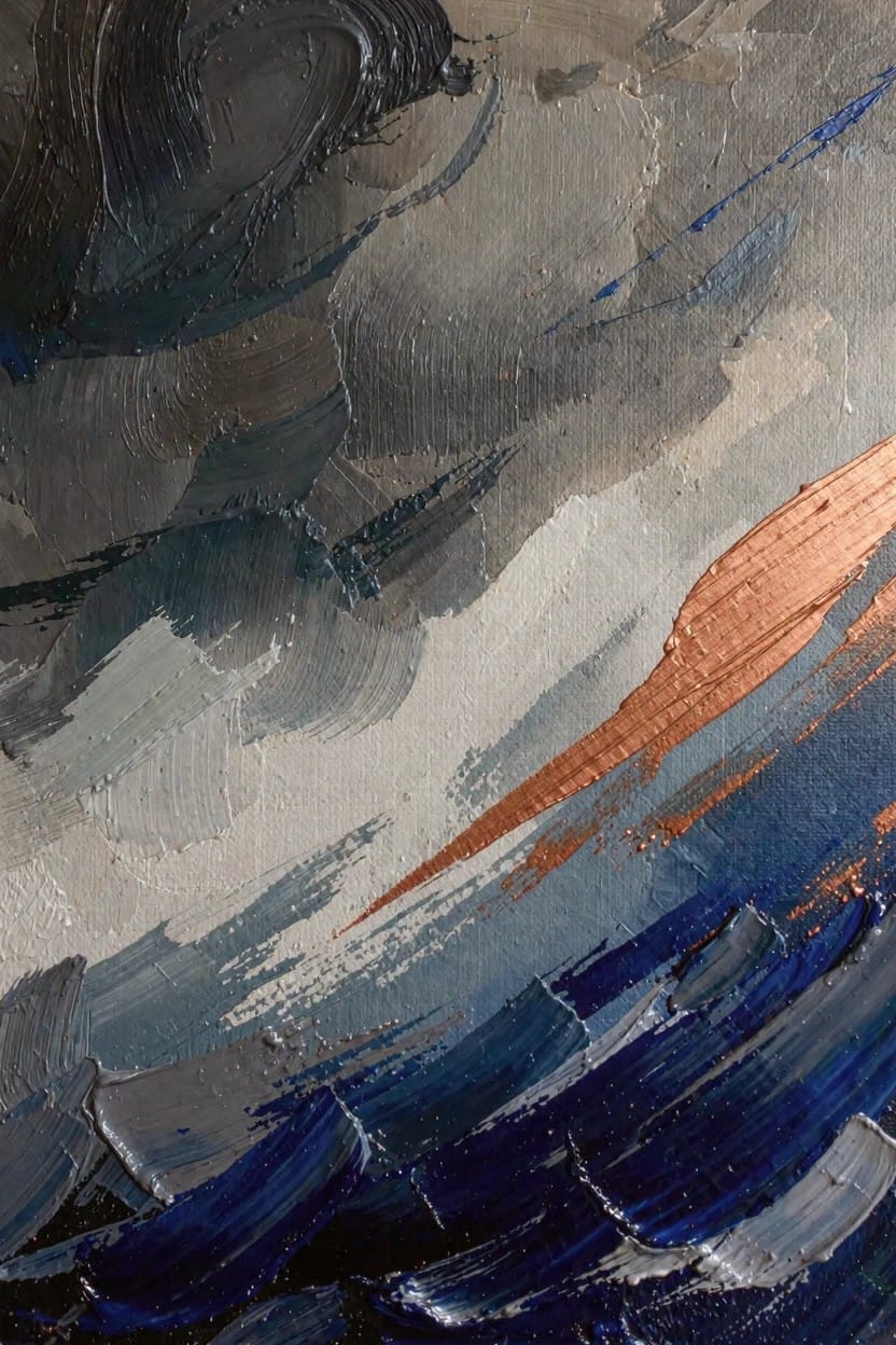 Abstract oil painting with thick swirling grays, blues, whites, and a diagonal copper streak.