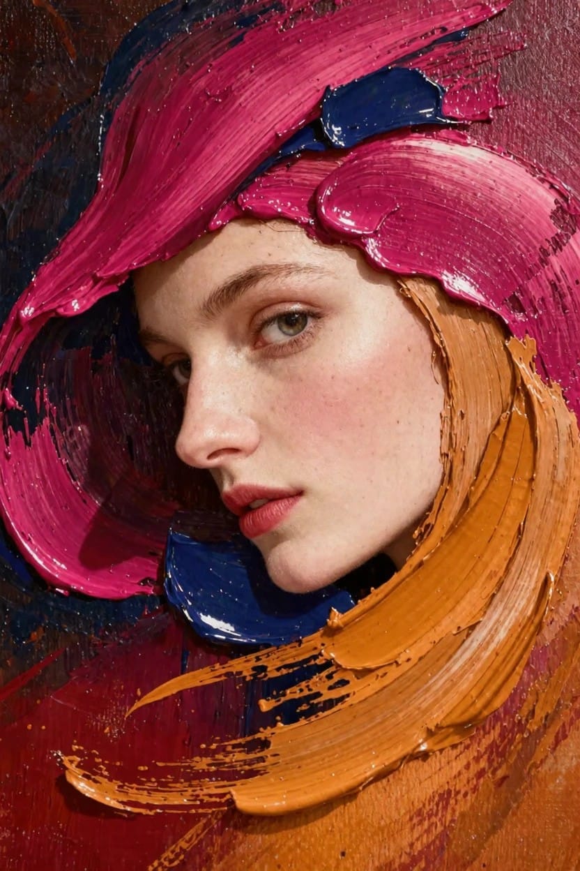 Close-up oil portrait of a pale woman with green eyes, her face and hair merging into thick pink, blue, orange, and red impasto strokes on a dark red background.