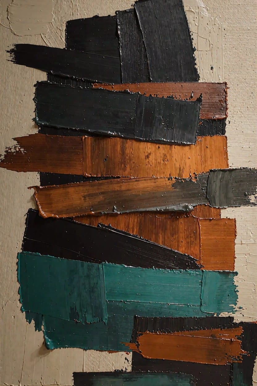 Abstract oil painting featuring stacked irregular rectangles in black, dark brown, orange, teal, and green tones on a textured beige background.