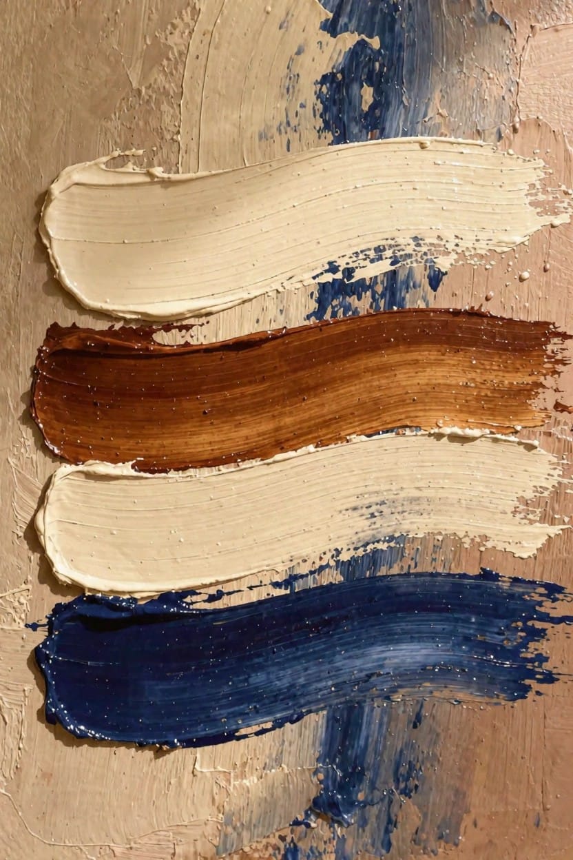 Four parallel horizontal bands of thick impasto oil paint in cream, brown, cream, and navy blue on a textured beige background.