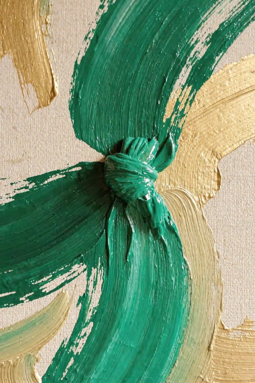 Abstract oil painting featuring a central thick knot of emerald green paint with radiating green and metallic gold brushstrokes on beige canvas.