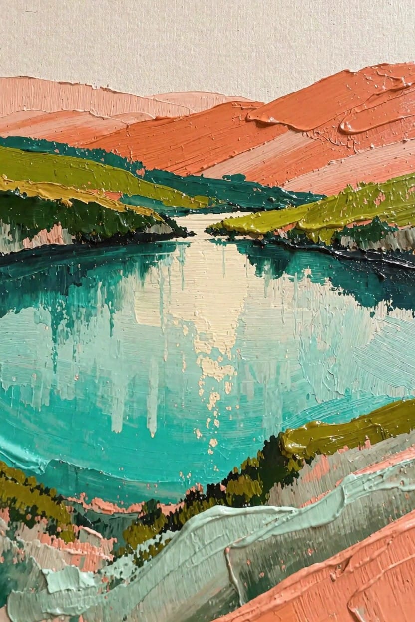 Abstract oil painting of terraced pink-orange hills, green slopes, and central turquoise lake with white light reflection.