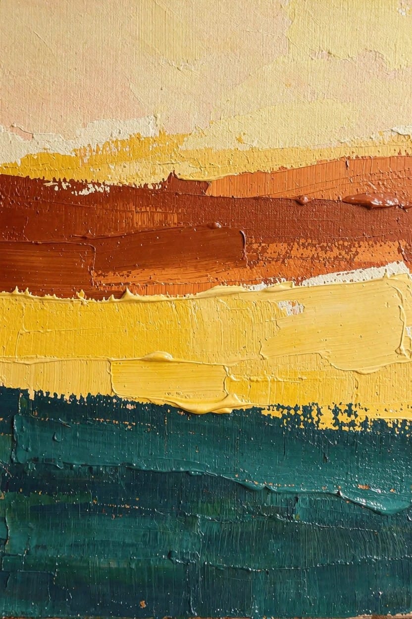 Abstract oil painting featuring stacked horizontal bands of textured yellow, orange, brown, and green paint.