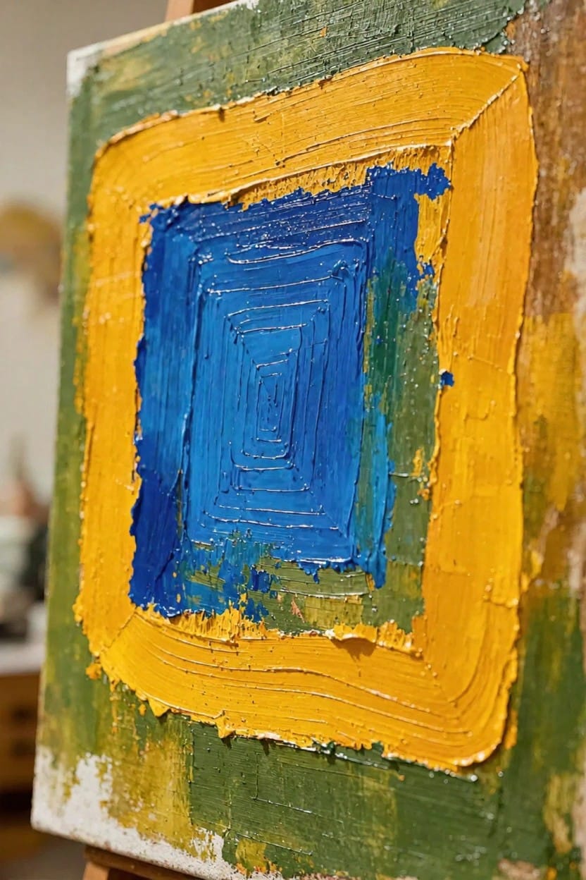 Close-up of an abstract oil painting on an easel with thickly textured concentric squares in green, yellow, and blue, spiraling inward at the center.