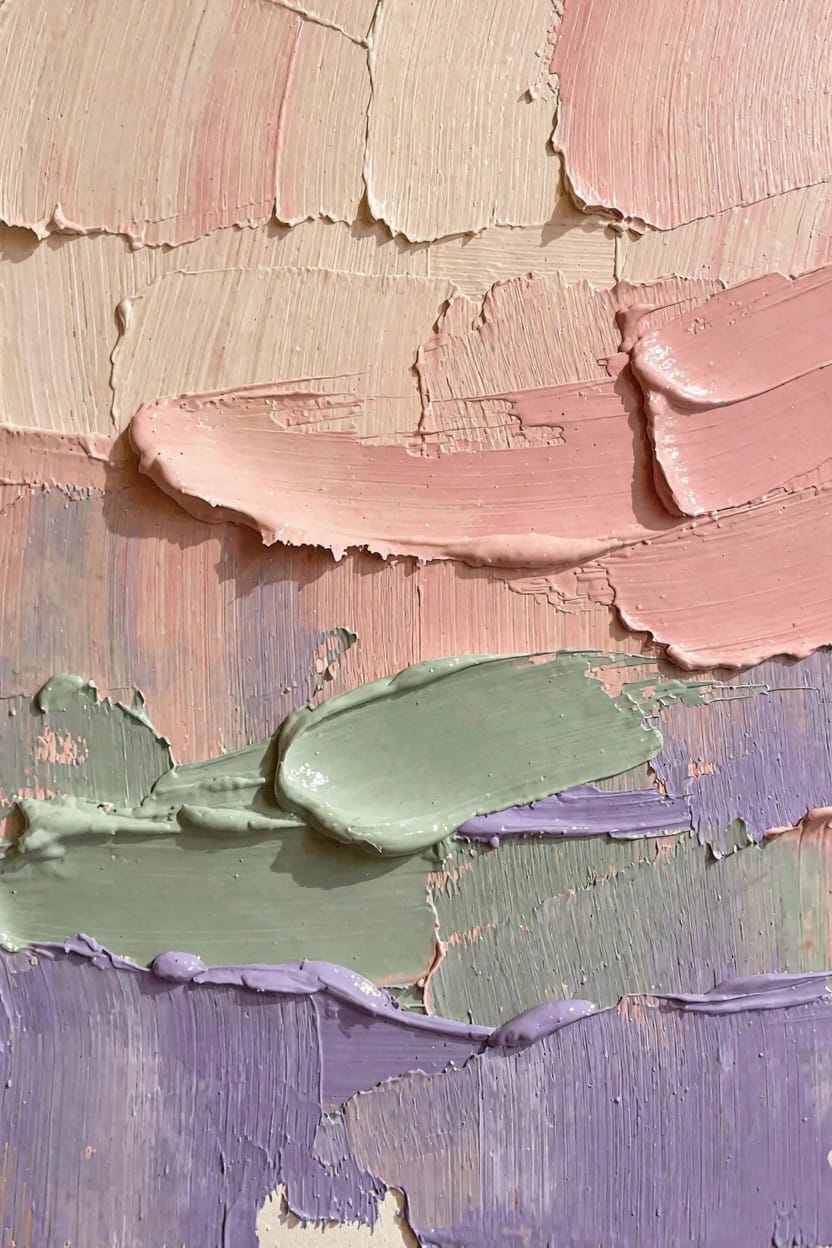 Abstract close-up of thick, cracked impasto oil paint in beige, pink, green, and purple layers.