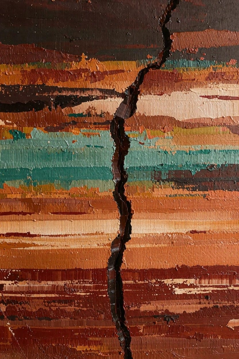 Abstract oil painting of horizontal earthy color layers split by a dark vertical crack.