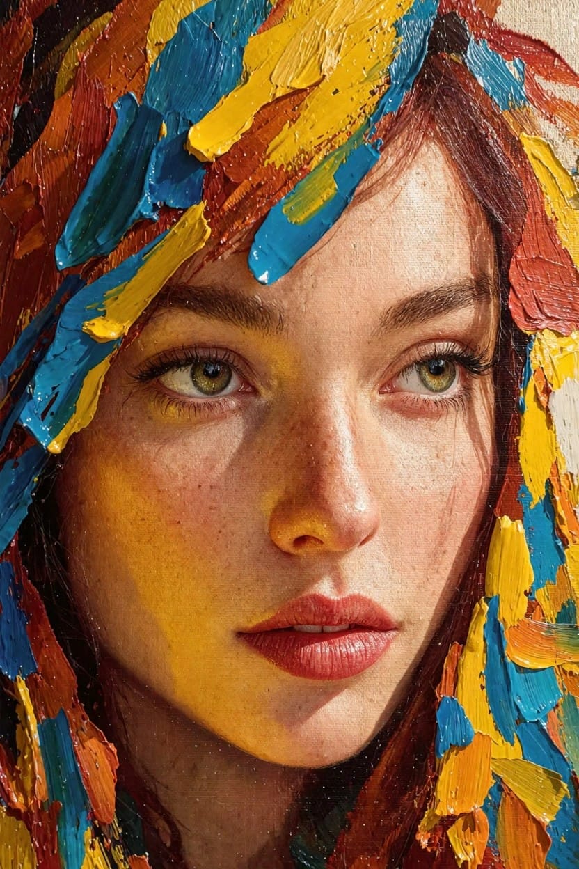 Oil painting close-up of a freckled woman's face with green eyes and red lips, her hair formed from thick multicolored impasto strokes in blue, yellow, orange, and red.