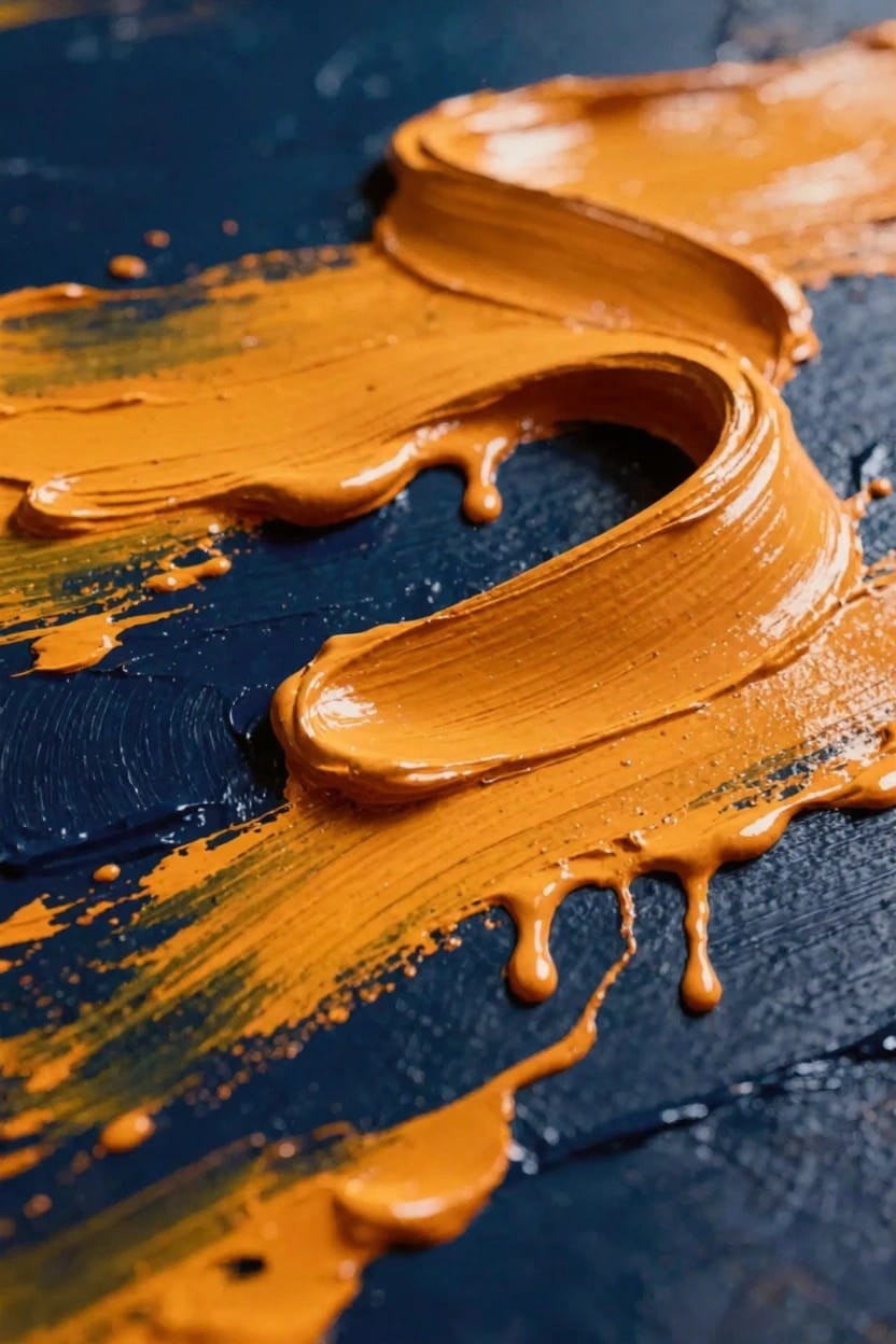 Thick orange oil paint swirled into curves and drips over a textured dark blue background.