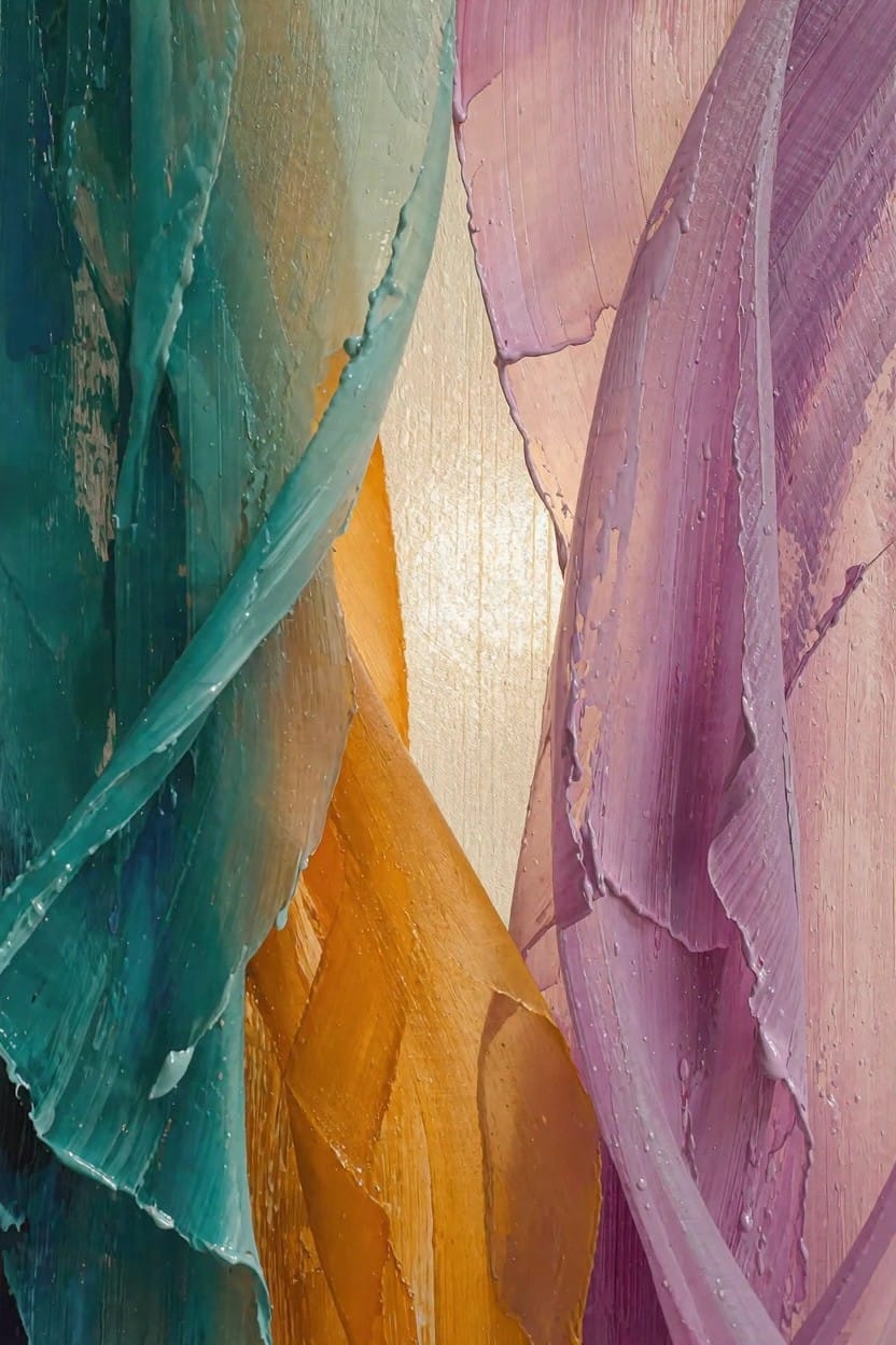 Abstract close-up of overlapping teal, orange, and purple translucent fabric layers with soft light glowing through folds and textured edges.
