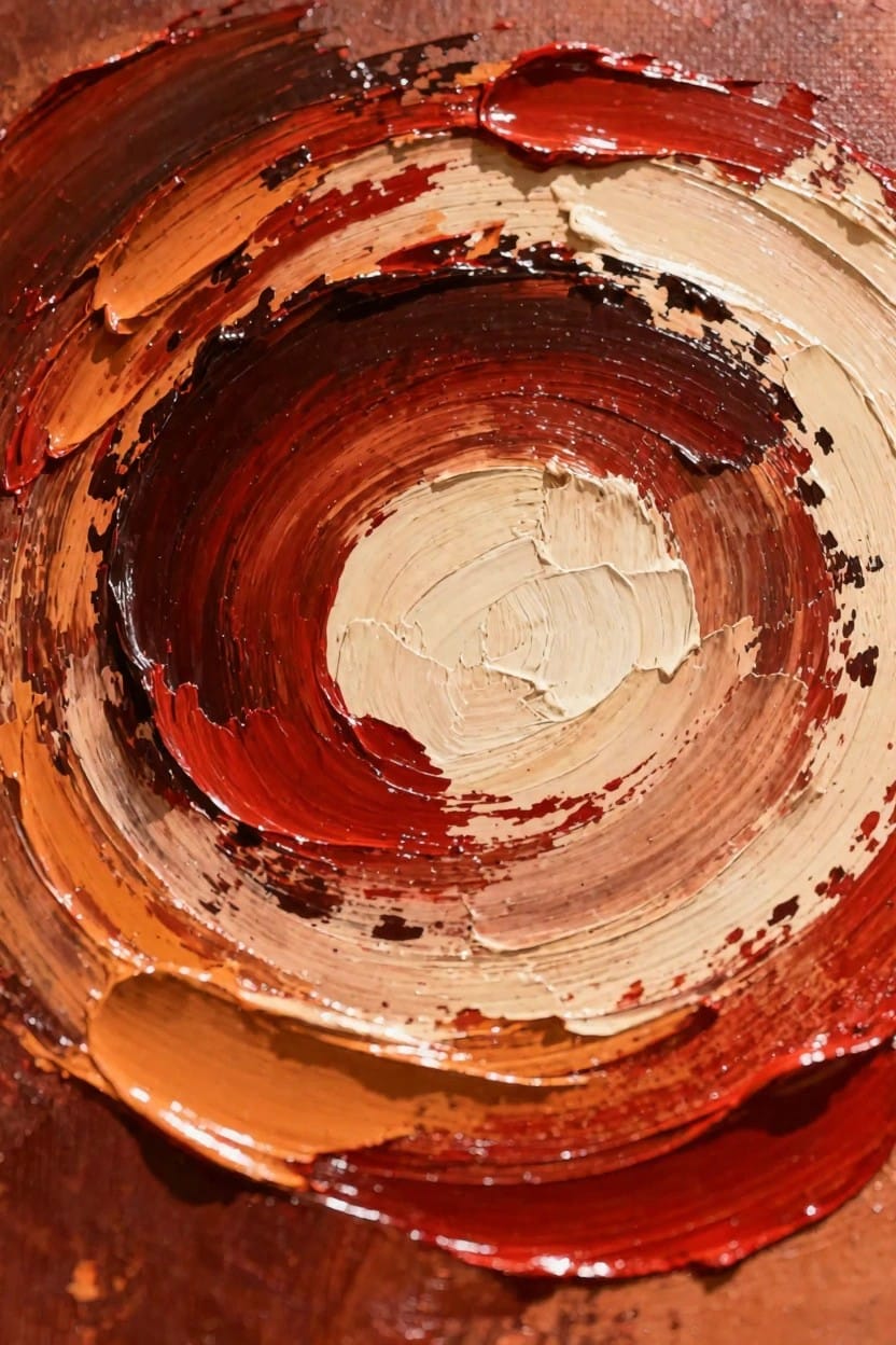 Abstract oil painting of thickly layered swirling strokes in red, orange, brown, beige, and cream forming a textured central vortex on canvas.