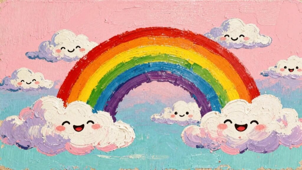21 Cute Acrylic Painting Ideas That Create Charming Decor A cute painting of a rainbow arching over a sky with several white clouds that have happy faces.