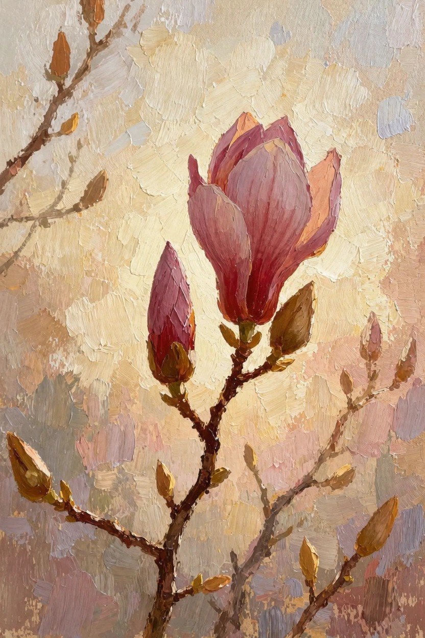 Oil painting of pink magnolia flowers, buds, and branches against a soft beige and gold background.