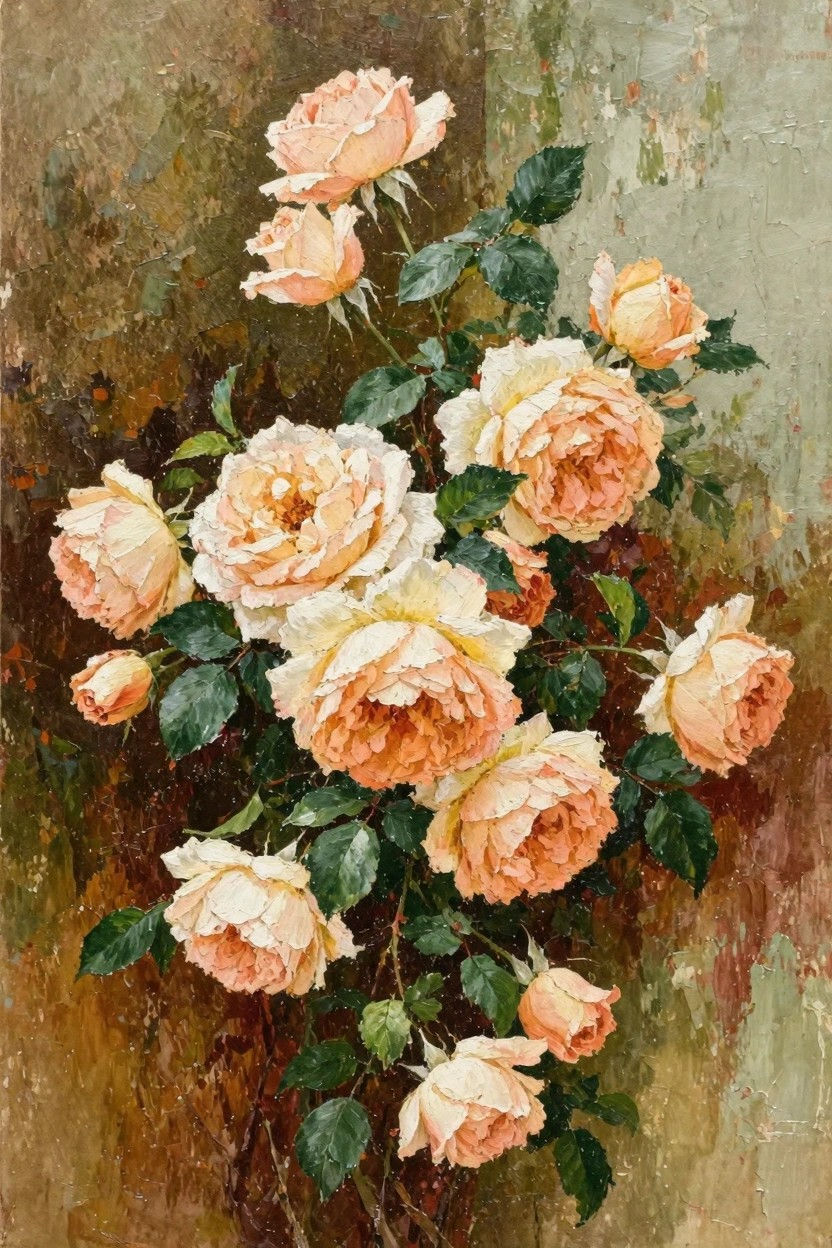 Oil painting featuring a dense cluster of soft peach and cream roses with green leaves against a textured, mottled green-brown background.