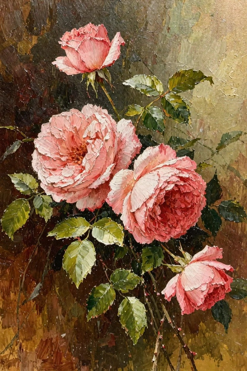 Oil painting of a cluster of pink roses with stems and green leaves against a textured warm brown background.
