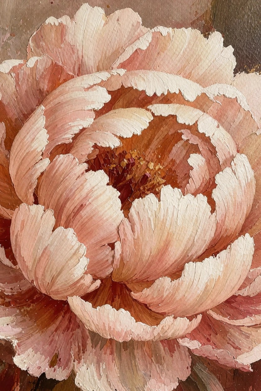 Close-up oil painting of a single pink peony flower with layered ruffled petals in soft pinks and whites against a blurred earthy background.