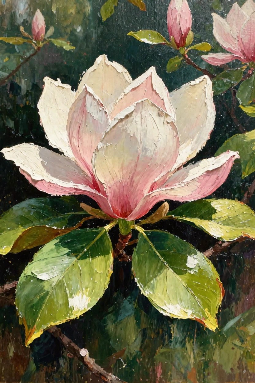 Oil painting of a large magnolia flower with white and pink petals, green leaves, and buds against a dark green background.