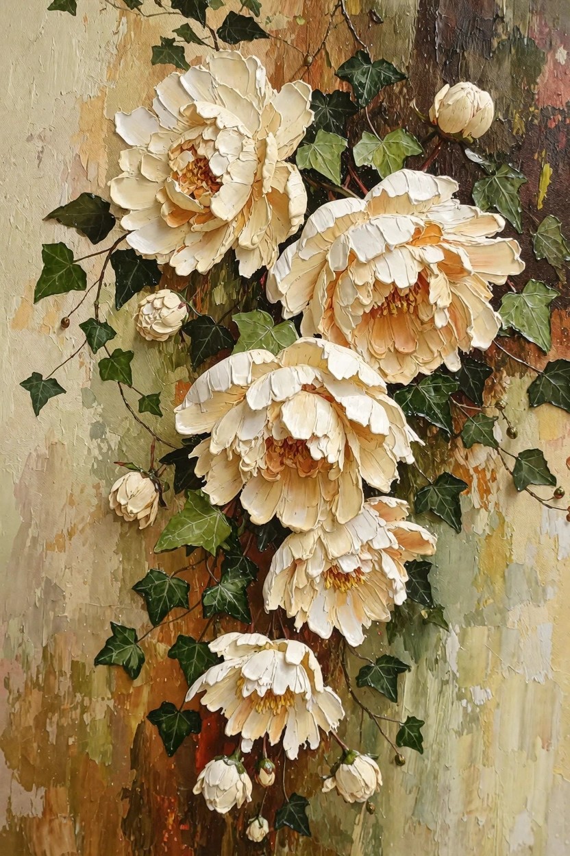 Textured oil painting of creamy white peonies and buds intertwined with green ivy on a mottled beige background.