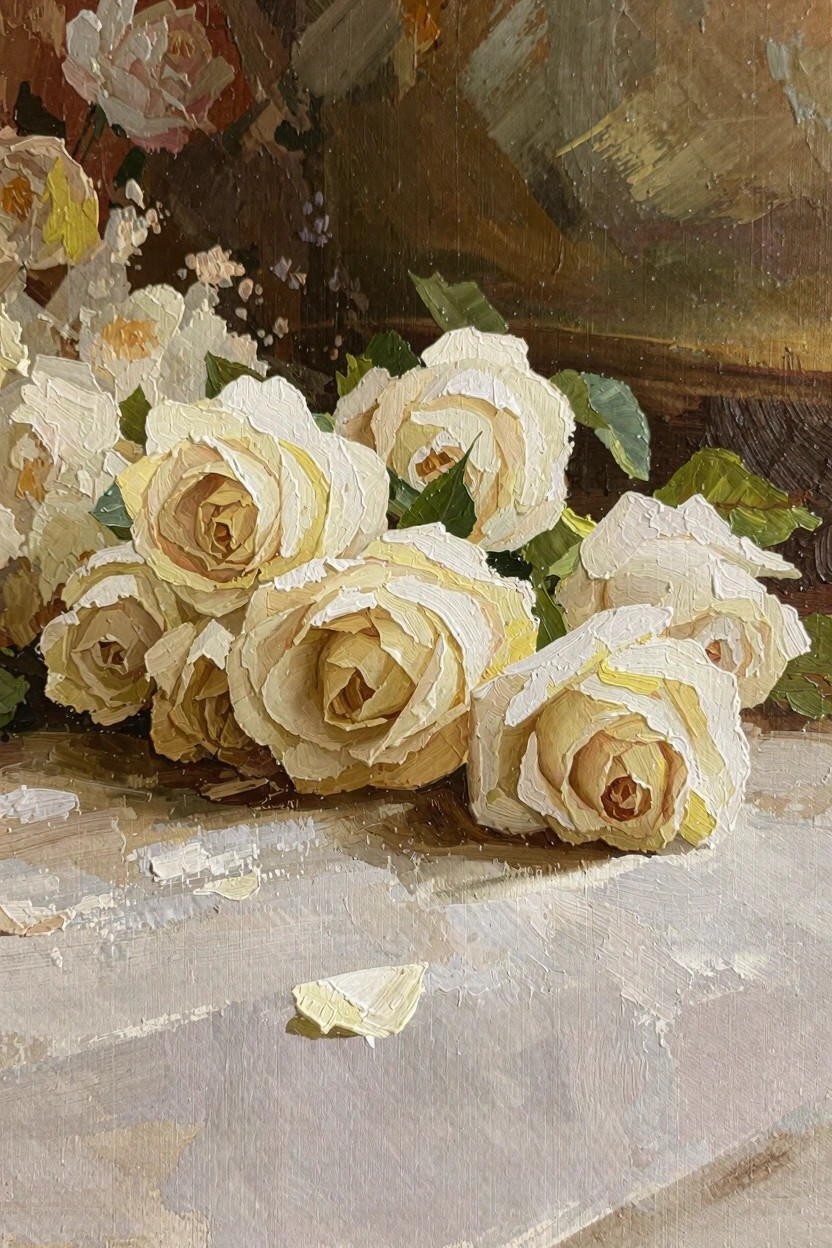 Oil painting of white and cream roses with green leaves clustered on a light stone ledge against a warm brownish background.