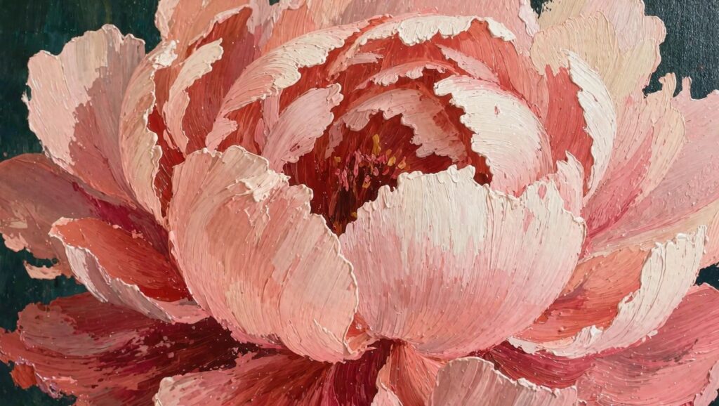 Close-up oil painting of a single pink peony flower with layered ruffled petals in soft pinks and whites against a blurred earthy background.